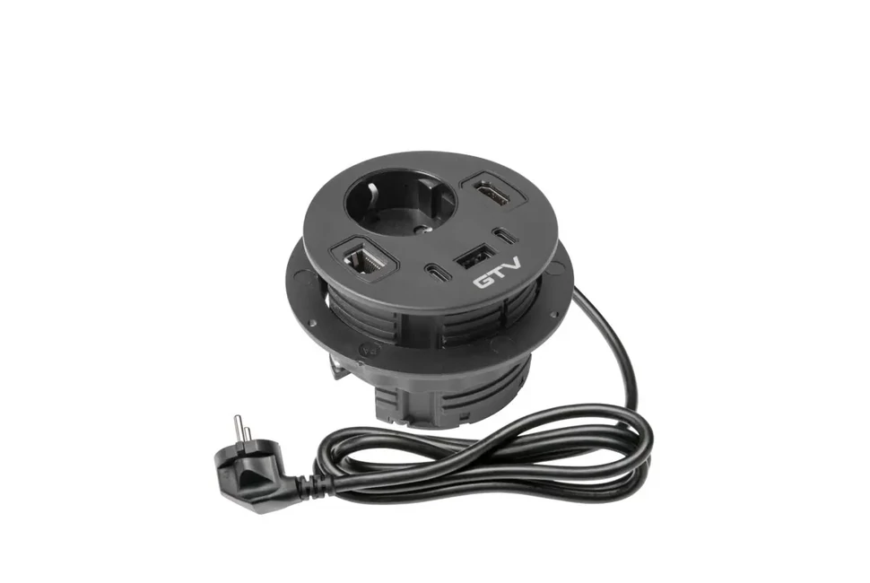 Konnektor, pultba szerelhető, 1x dugalj, 1x USB A, 2xUSB C, RJ45; HDMI; 1,5fm kábellel, fekete RONDO