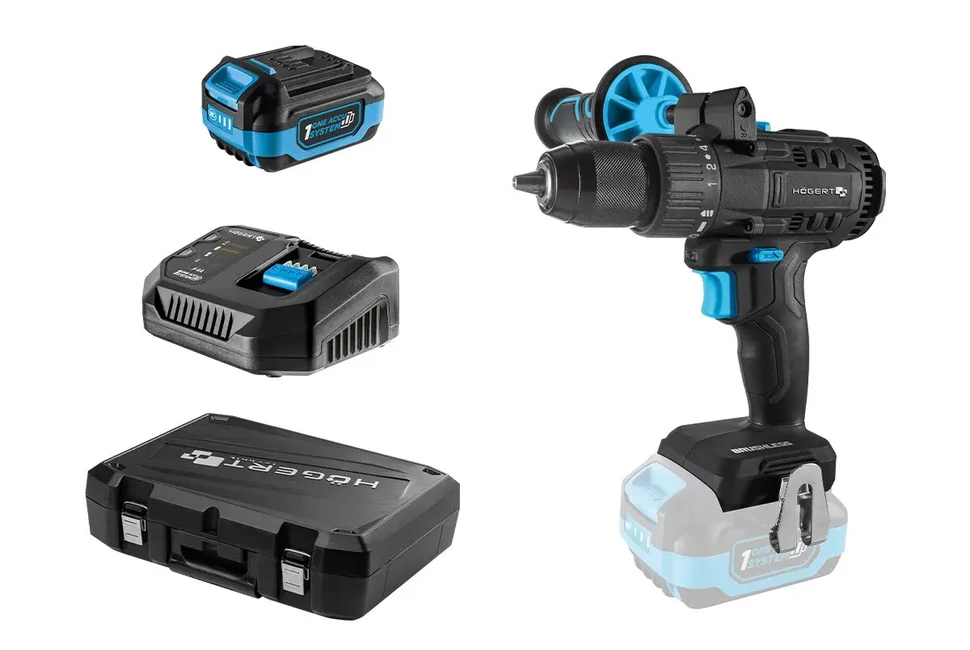 Högert HT2E246-B14DD fúró - csavarbehajtó szett, 18V, 50Nm, 4 Ah akkuval, töltővel, kofferben