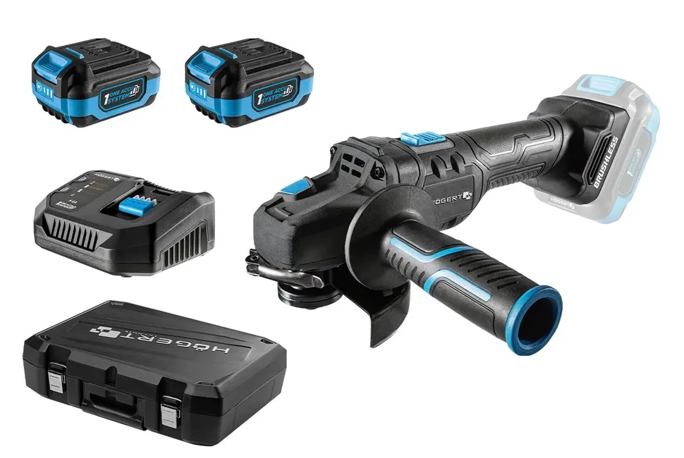 Högert HT2E250-B24AG sarokcsiszoló, 18V, 125mm, 2 db 4 Ah akkuval, töltővel, kofferben