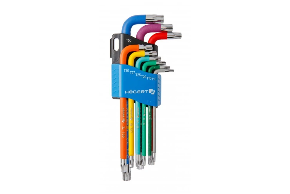 Szerszám Högert Imbusz kulcs szett, 9db-os, TORX, T10, T15, T20, T25, T27, T30, T40, T45, T50, CrV, hosszú, színkódos