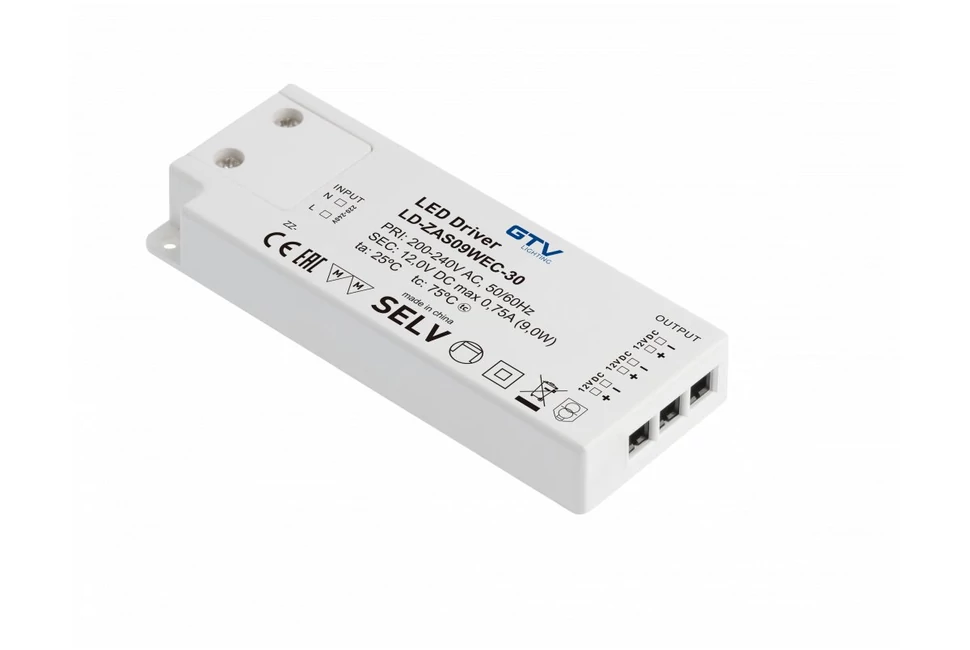 Tápegység LED 12V,   9W, IP20, 100*41*12mm, 3 mini AMP csatlakozóval, 1,5fm kábellel, villásdugóval