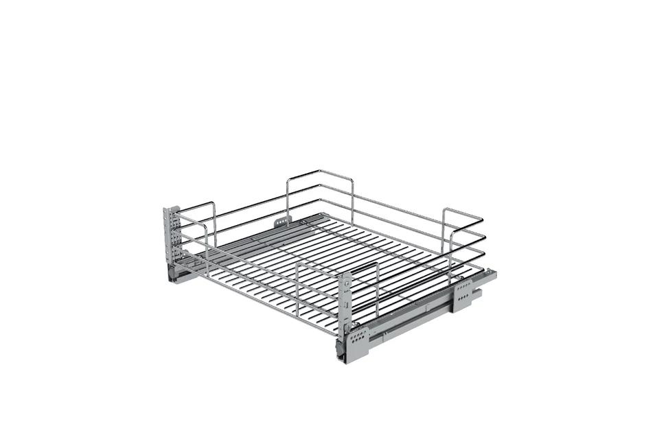 Konyhai fémrács, 450mm, 180mm magas fiók, frontrögzítéssel, ezüst szürke, teljes kihúzás, csillapított záródás, 30kg teherbírás, SIGE Green 116