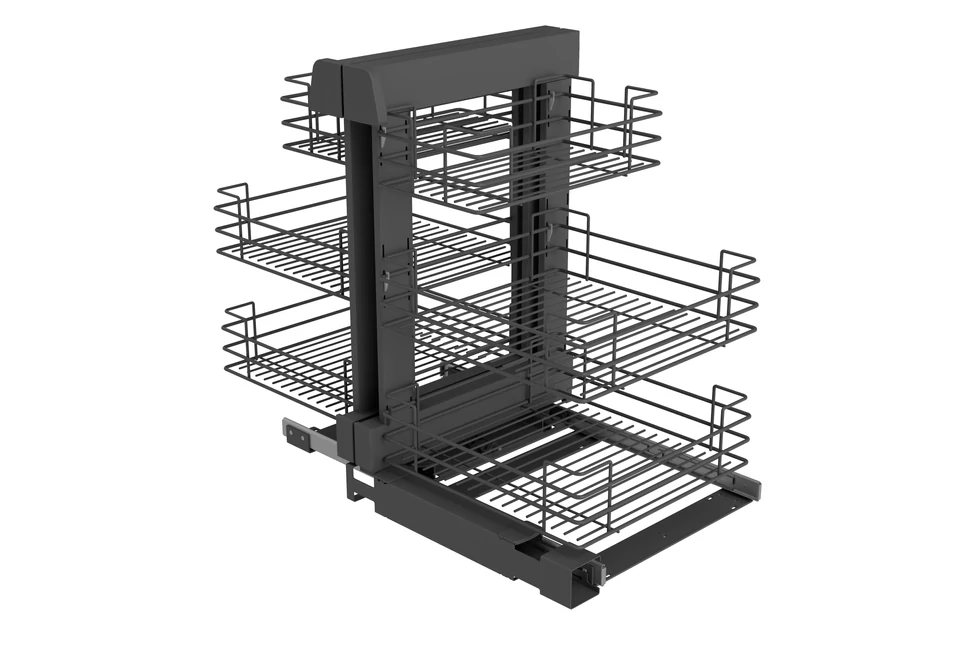 Konyhai fémrács, sarokszekrénybe, teljes kihúzás, csillapított záródás, antracit, univerzális,  900mm, 450mm ajtó szélesség, Sige Green Line 340