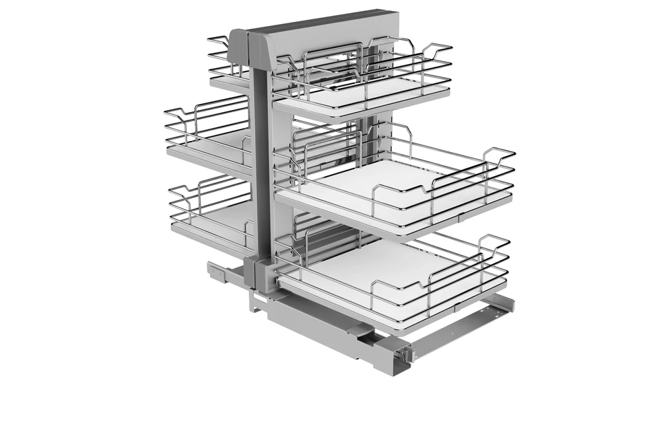 Konyhai fémrács, sarokszekrénybe, teljes kihúzás, csillapított záródás, króm-fehér, univerzális, 1200mm, 600mm ajtó szélesség, SIGE Infinity Line 340