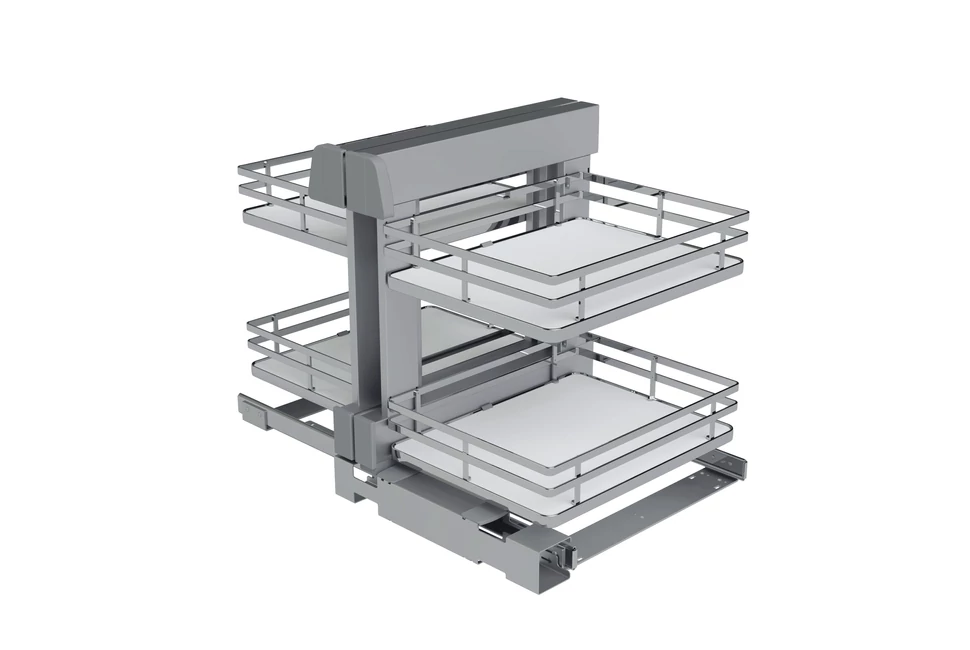 Konyhai fémrács, sarokszekrénybe, teljes kihúzás, csillapított záródás, króm-fehér, univerzális,  900mm, 450mm ajtó szélesség, Sige Infinity Plus 340