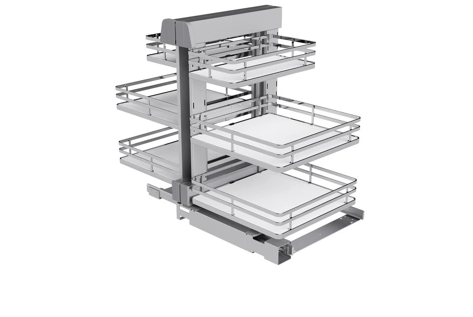 Konyhai fémrács, sarokszekrénybe, teljes kihúzás, csillapított záródás, króm-fehér, univerzális, 1200mm, 600mm ajtó szélesség, SIGE Infinity Plus 340