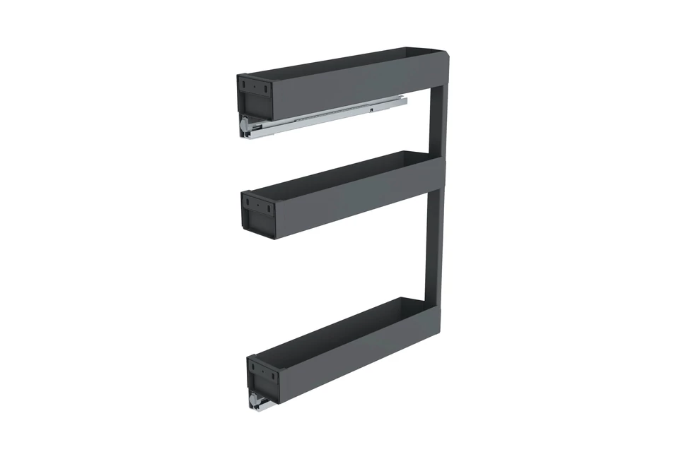 Konyhai fémrács, 200mm, bal oldalra szerelhető, antracit, teljes kihúzás, csillapított záródás, rejtett fióksín, 3 kosár SIGE, PRO LINE 002